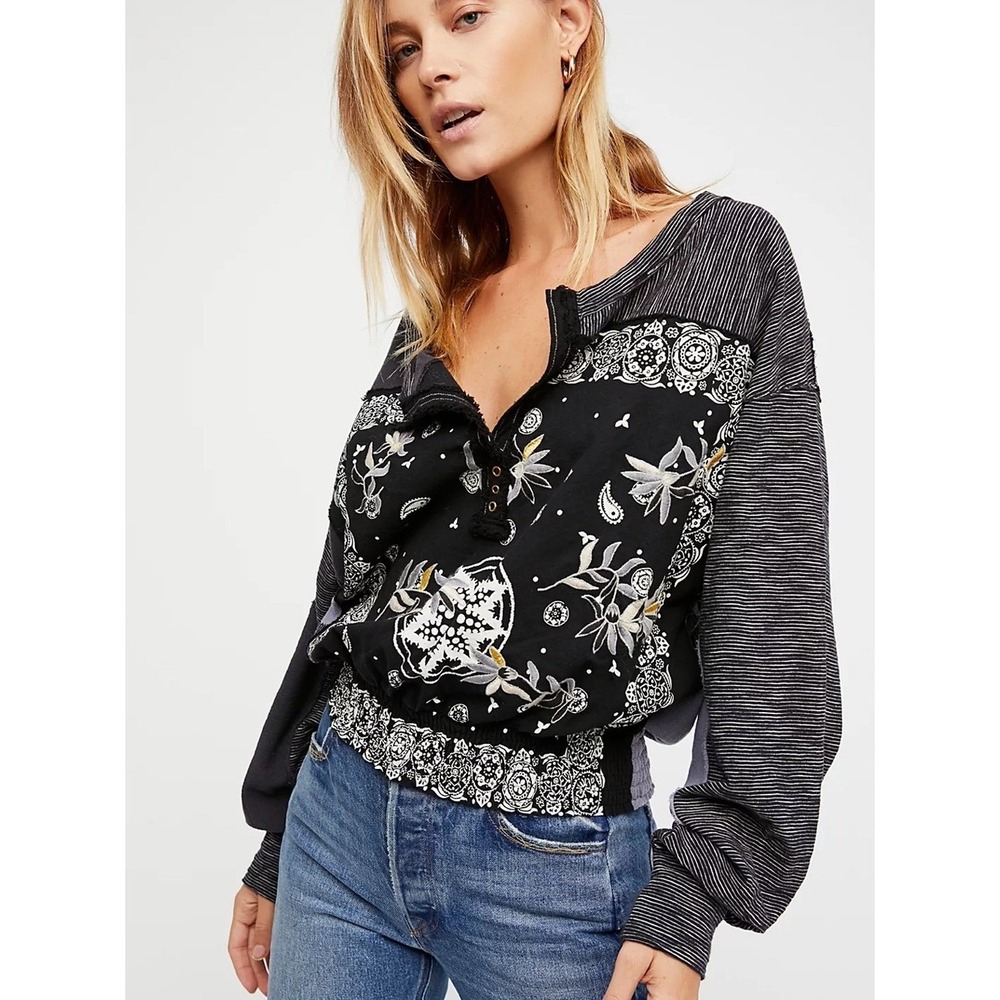 We The Free Eaglewood Tee M Black Embroidered Mixed Media Bandana Patchwork Boho